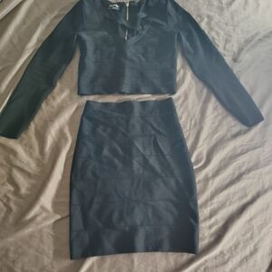 Bebe Black Long Sleeve Crop Top With Skirt Set